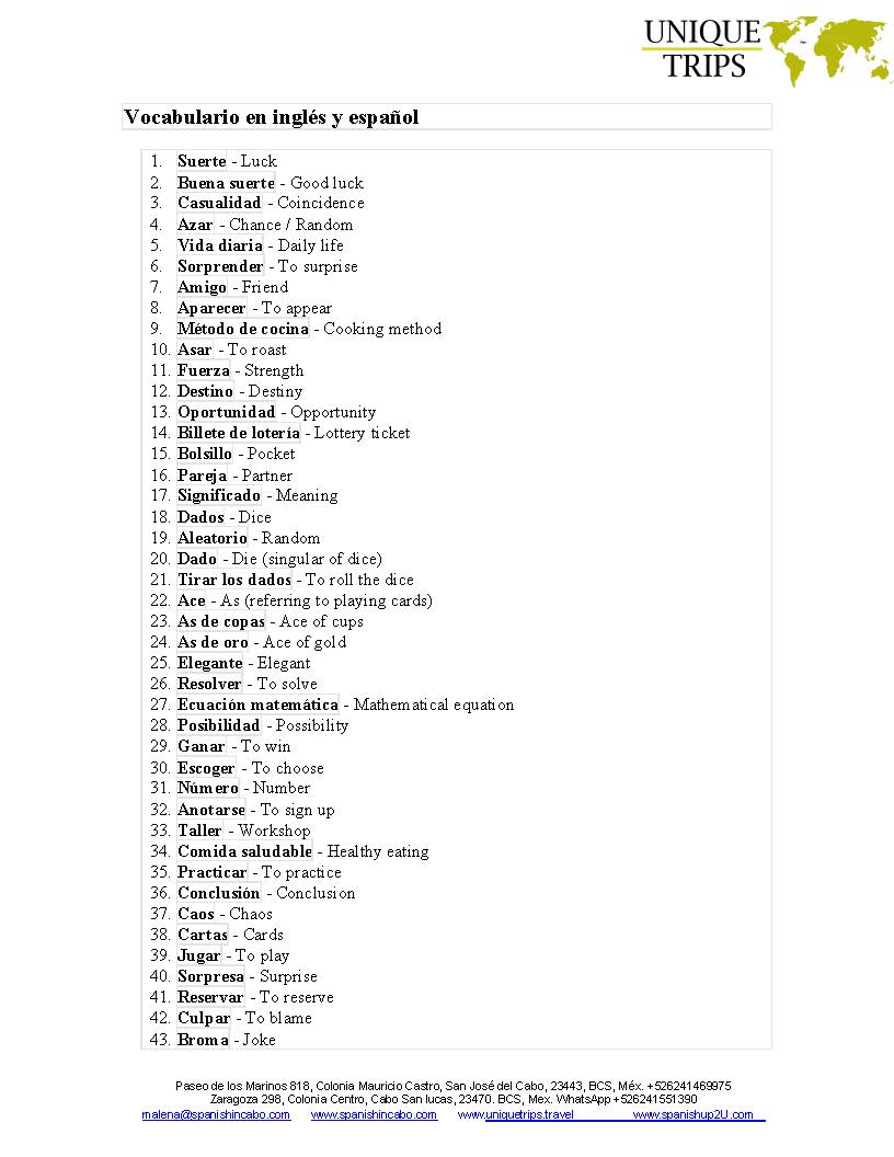 Vocabulario en ingles y español